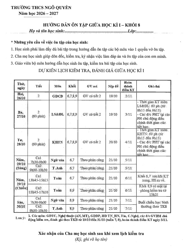 ôn tập giữa học kì 1 toán 8 năm 2026 – 2027 trường thcs ngô quyền – hà nội