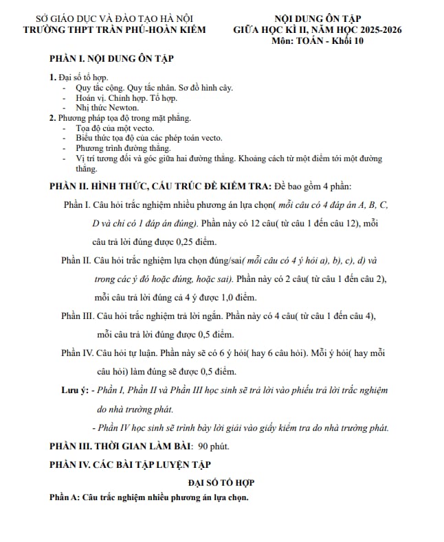 ôn tập giữa học kì 2 toán 10 năm 2025 – 2026 trường thpt trần phú – hà nội