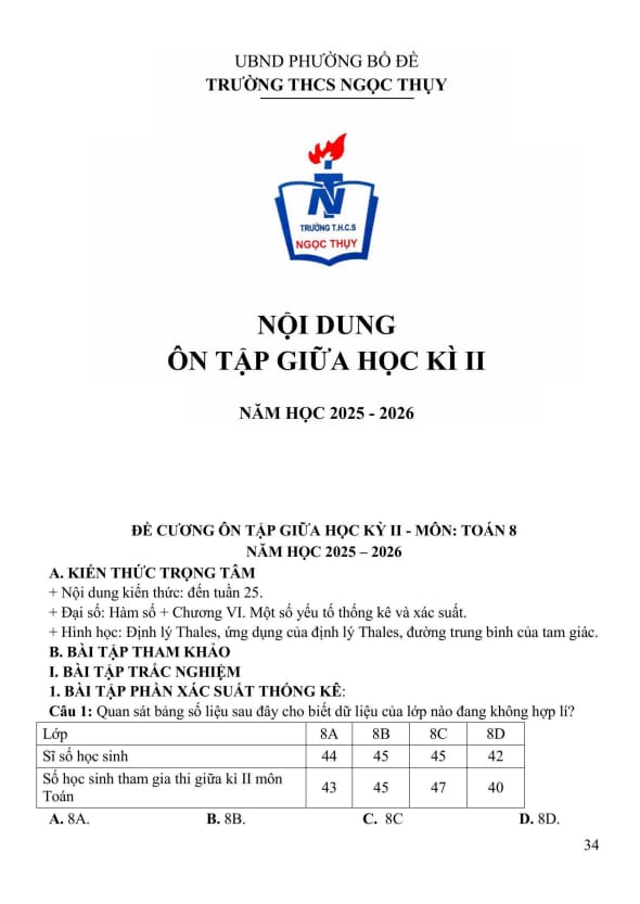 ôn tập giữa học kì 2 toán 8 năm 2025 – 2026 trường thcs ngọc thụy – hà nội