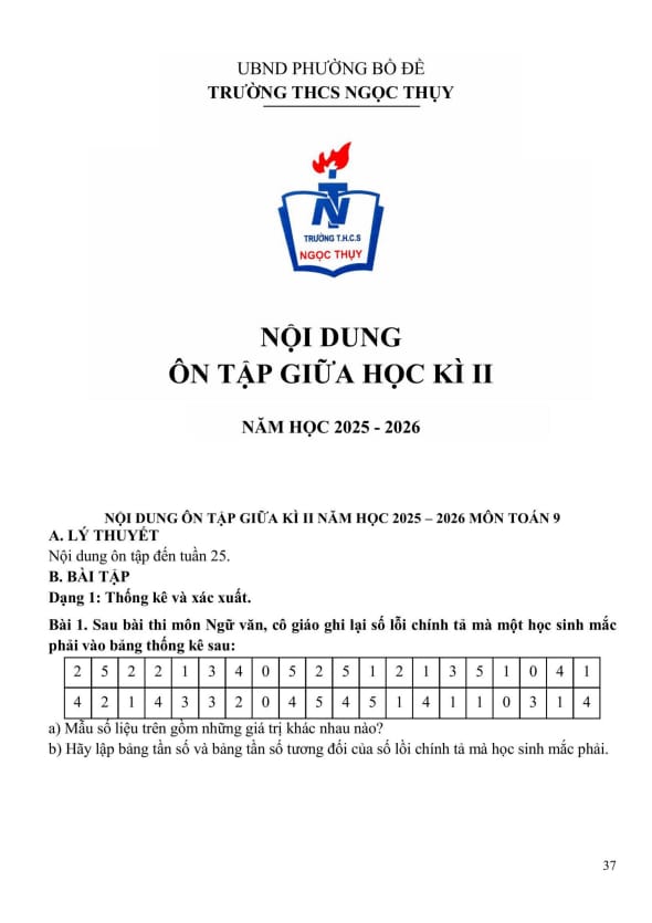 ôn tập giữa học kì 2 toán 9 năm 2025 – 2026 trường thcs ngọc thụy – hà nội