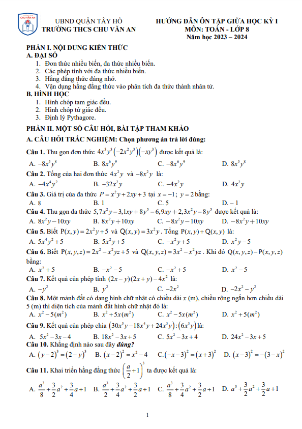 ôn tập giữa học kỳ 1 toán 8 năm 2023 – 2024 trường thcs chu văn an – hà nội