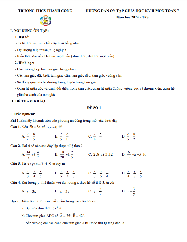 ôn tập giữa học kỳ 2 toán 7 năm 2024 – 2025 trường thcs thành công – hà nội