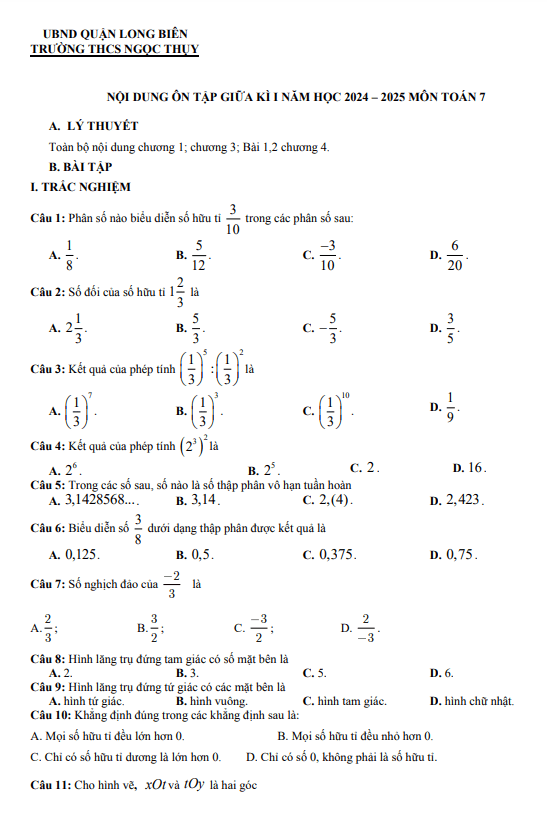 ôn tập giữa kì 1 toán 7 năm 2024 – 2025 trường thcs ngọc thụy – hà nội