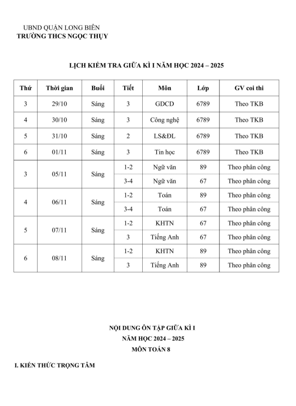 ôn tập giữa kì 1 toán 8 năm 2024 – 2025 trường thcs ngọc thụy – hà nội