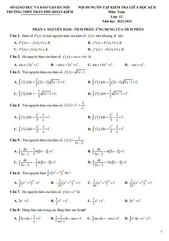 ôn tập giữa kì 2 toán 12 năm 2022 – 2023 trường thpt trần phú – hà nội