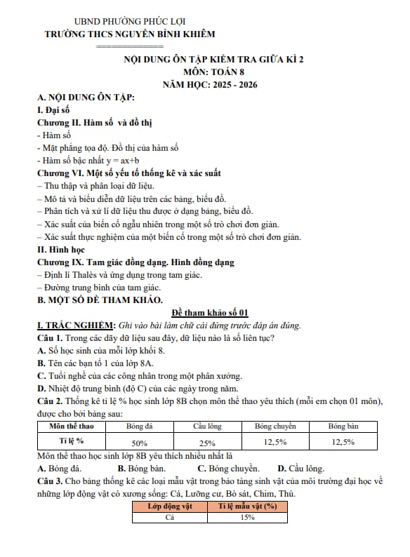 ôn tập giữa kì 2 toán 8 năm 2025 – 2026 trường thcs nguyễn bỉnh khiêm – hà nội
