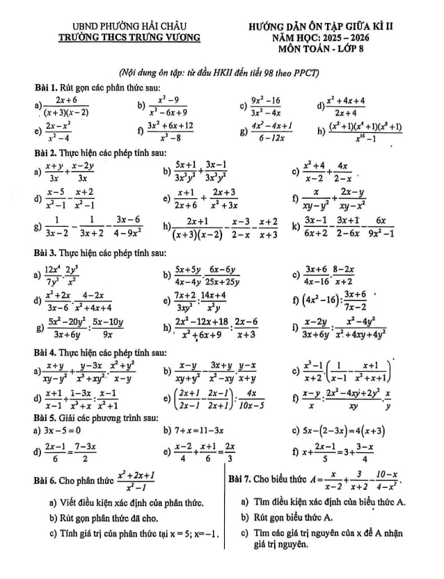 ôn tập giữa kì 2 toán 8 năm 2025 – 2026 trường thcs trưng vương – đà nẵng