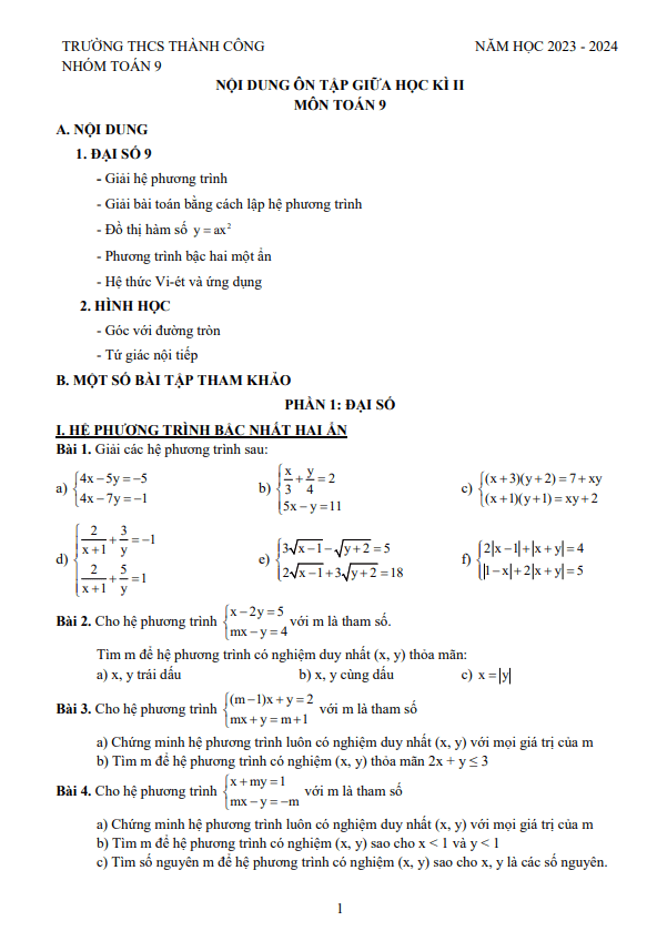 ôn tập giữa kỳ 2 toán 9 năm 2023 – 2024 trường thcs thành công – hà nội