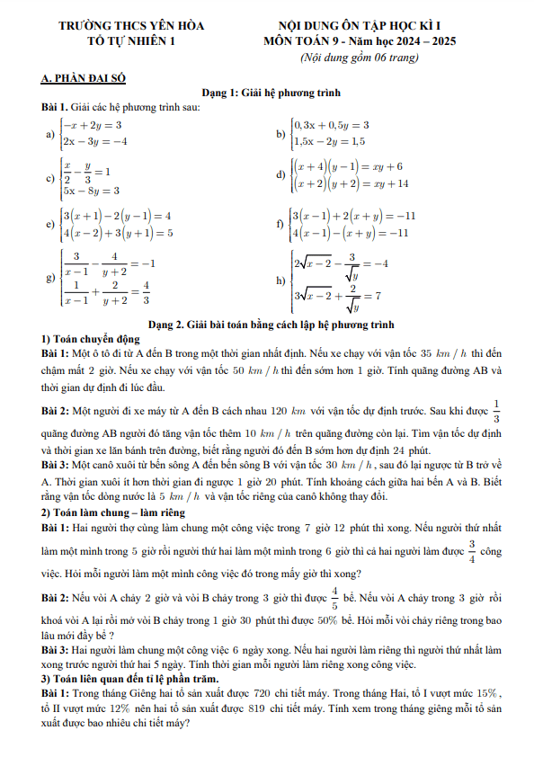 ôn tập học kì 1 toán 9 năm 2024 – 2025 trường thcs yên hòa – hà nội
