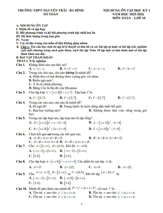 ôn tập học kỳ 1 toán 10 năm 2025 – 2026 trường thpt nguyễn trãi – hà nội