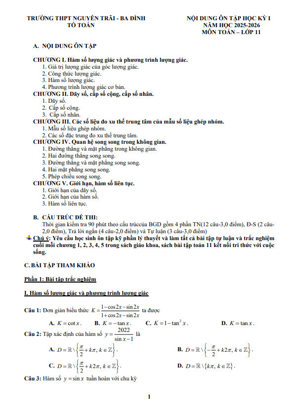 ôn tập học kỳ 1 toán 11 năm 2025 – 2026 trường thpt nguyễn trãi – hà nội