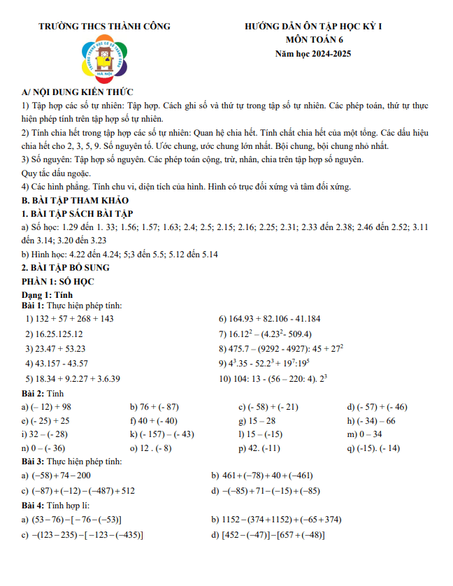 ôn tập học kỳ 1 toán 6 năm 2024 – 2025 trường thcs thành công – hà nội