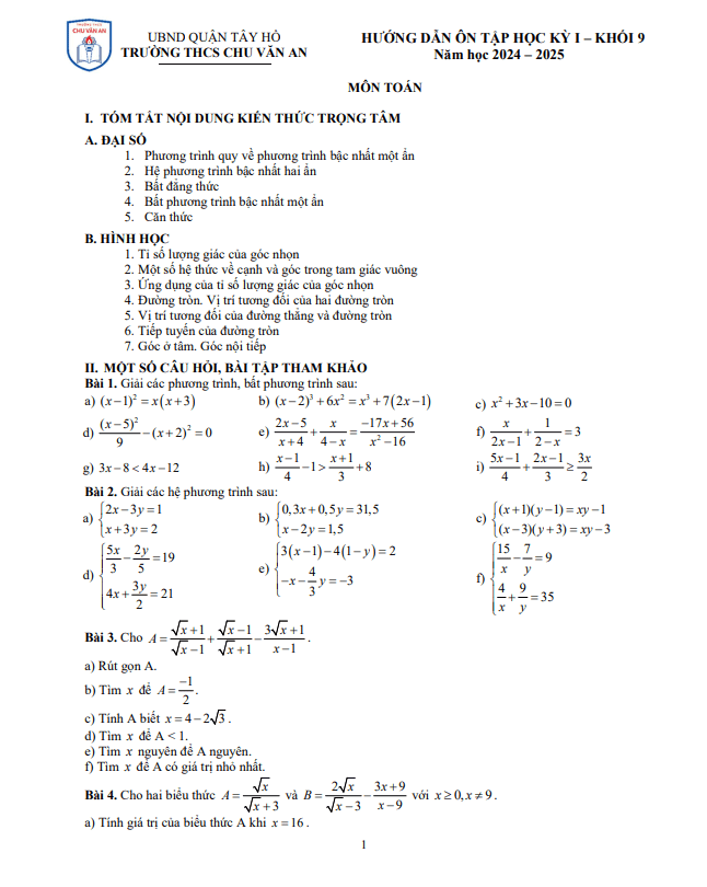 ôn tập học kỳ 1 toán 9 năm 2024 – 2025 trường thcs chu văn an – hà nội