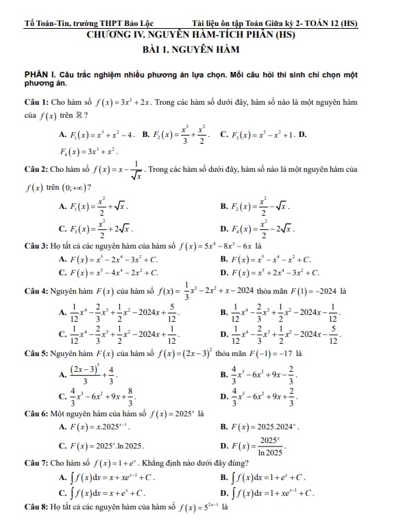 ôn tập toán 12 giữa kỳ 2 năm 2025 – 2026 trường thpt bảo lộc – lâm đồng
