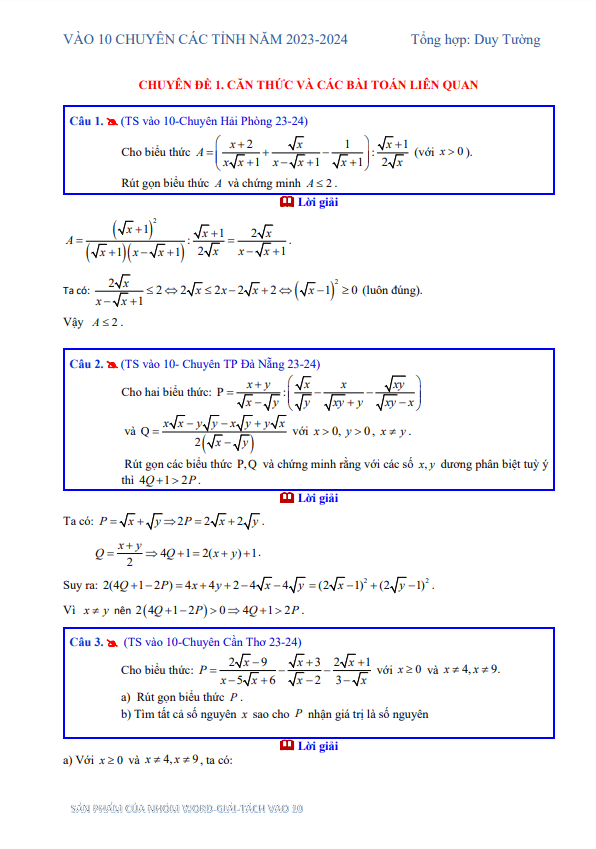 phân dạng các bài toán trong đề tuyển sinh lớp 10 môn toán (2023 – 2024)