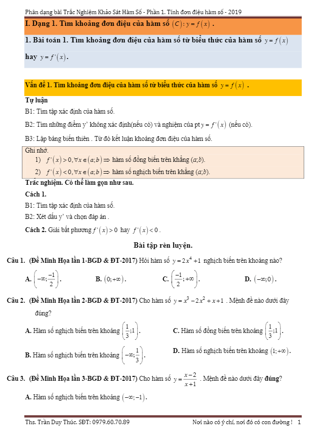 phân dạng trắc nghiệm tính đơn điệu của hàm số (2019) – trần duy thúc