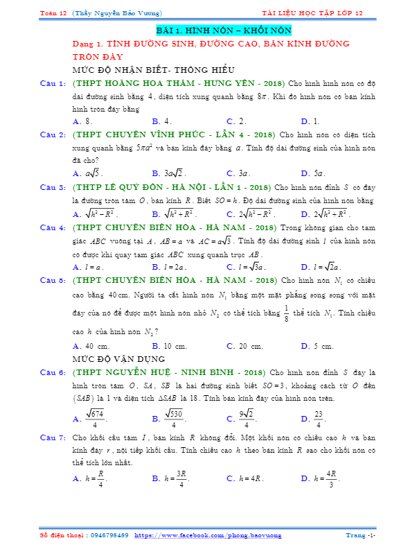phân dạng và bài tập trắc nghiệm mặt cầu – mặt trụ – mặt nón – nguyễn bảo vương