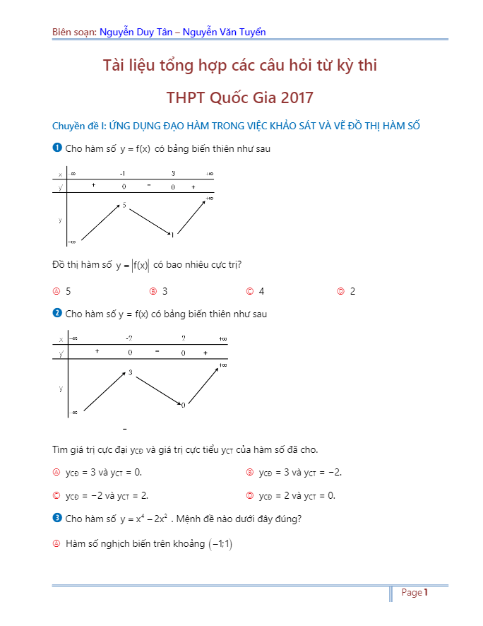 phân loại các câu hỏi trong đề thi chính thức kỳ thi thpt quốc gia 2017 môn toán