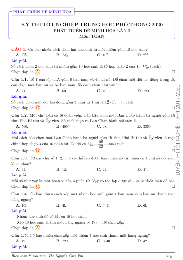 phát triển đề minh họa tốt nghiệp thpt 2020 môn toán lần 2