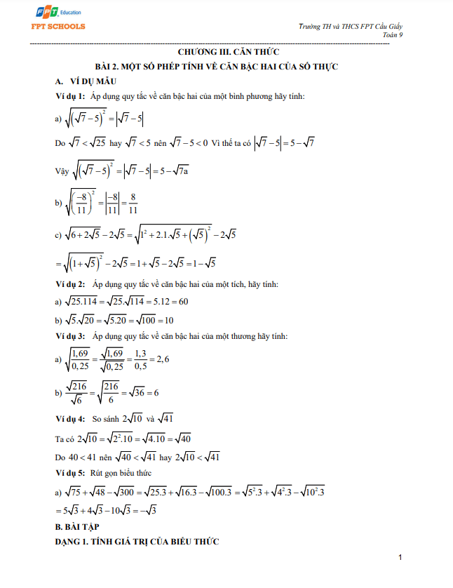 phiếu bài tập toán 9 tháng 11 năm 2024 trường th&thcs fpt – hà nội