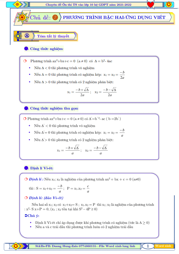 phương trình bậc hai, hệ thức vi-ét và ứng dụng – dương minh hùng