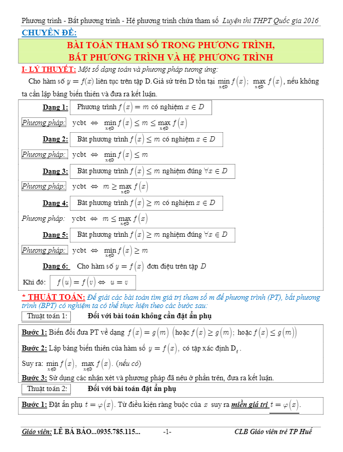phương trình, bất phương trình và hệ phương trình chứa tham số – lê bá bảo