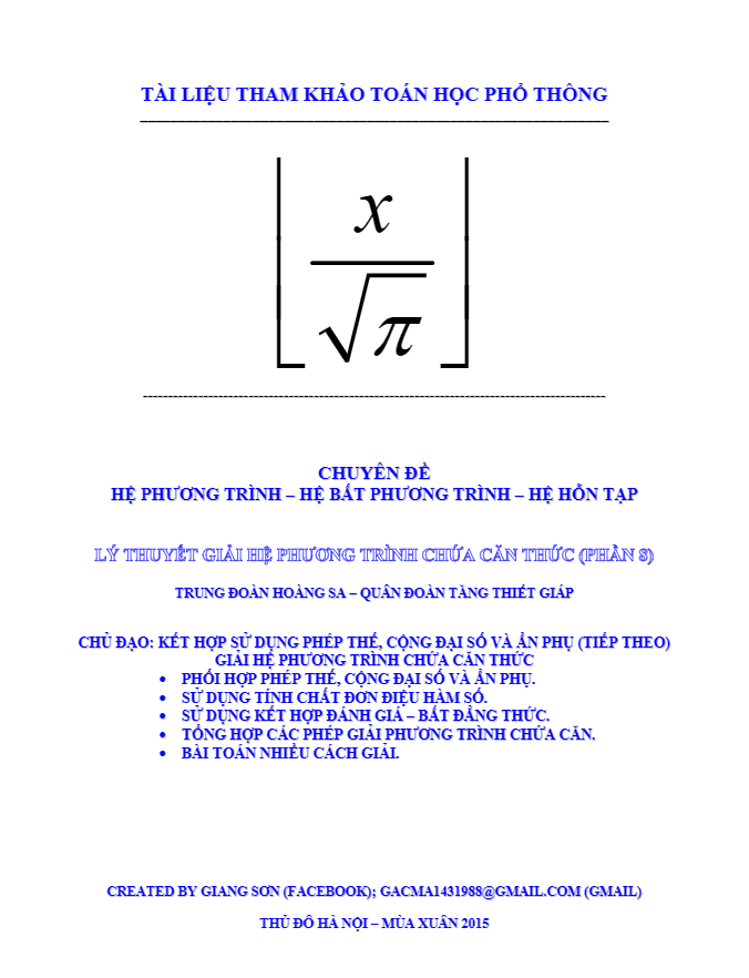 sử dụng hàm số chặn miền giá trị giải hệ chứa căn (hệ chứa căn phần 8) – lương tuấn đức
