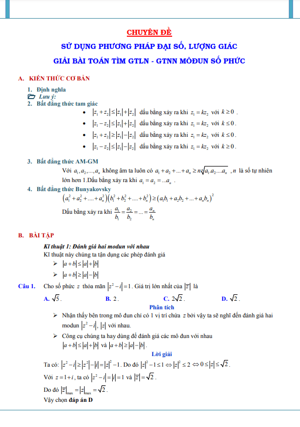 sử dụng phương pháp đại số, lượng giác giải bài toán tìm gtln – gtnn môđun số phức