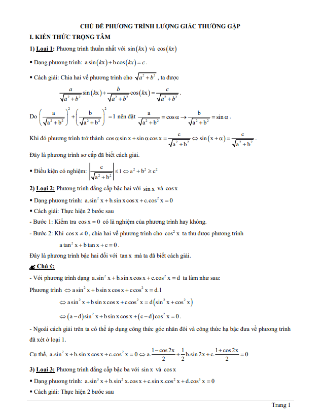 tài liệu chủ đề phương trình lượng giác thường gặp