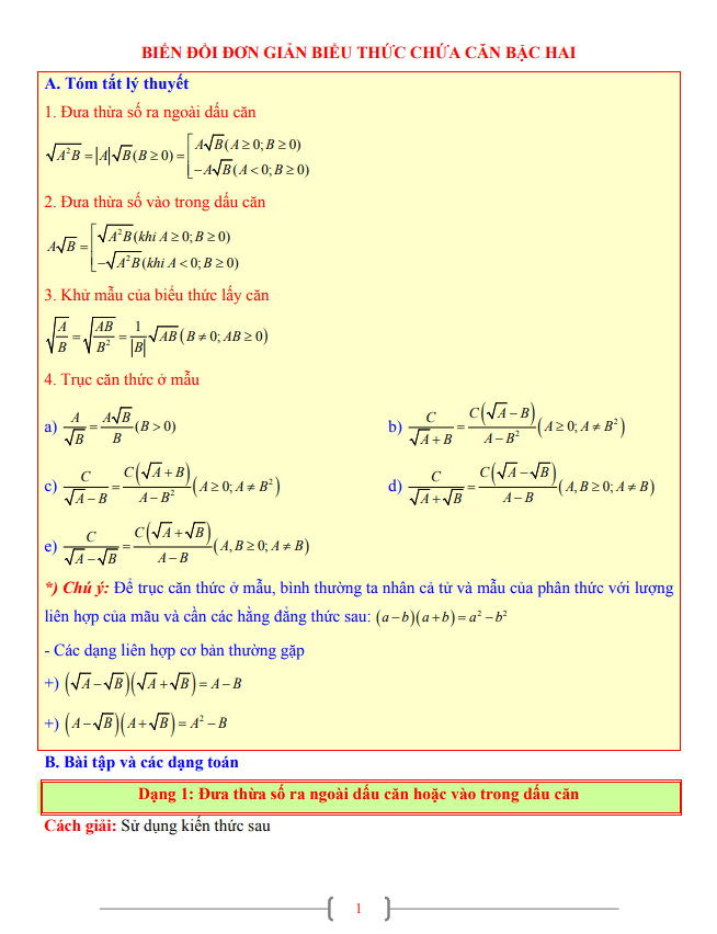 tài liệu toán 9 chủ đề biến đổi đơn giản biểu thức chứa căn bậc hai