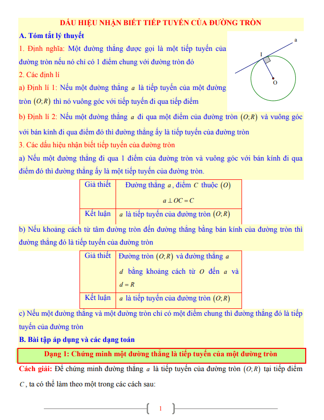 tài liệu toán 9 chủ đề dấu hiệu nhận biết tiếp tuyến của đường tròn