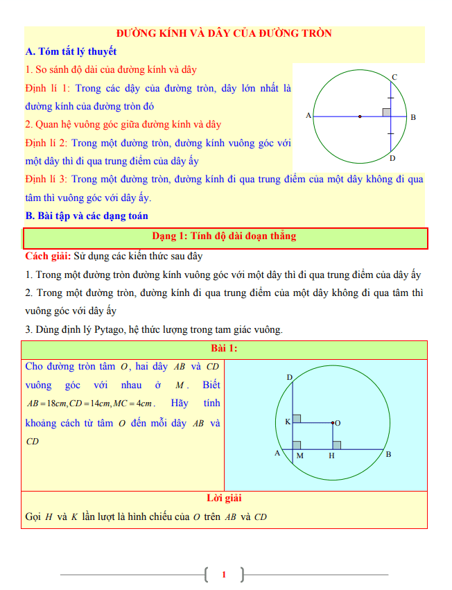 tài liệu toán 9 chủ đề đường kính và dây của đường tròn