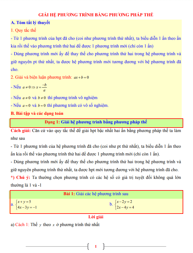 tài liệu toán 9 chủ đề giải hệ phương trình bằng phương pháp thế