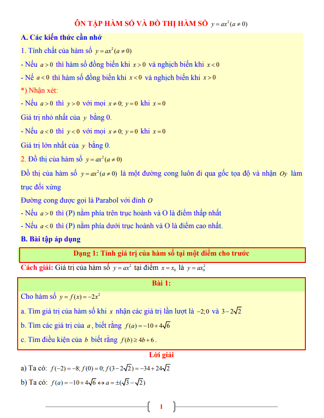 tài liệu toán 9 chủ đề hàm số và đồ thị hàm số y = ax2 (a khác 0)