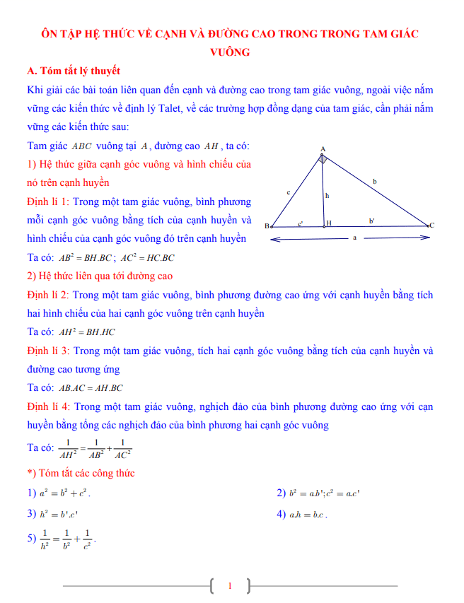 tài liệu toán 9 chủ đề một số hệ thức về cạnh và đường cao trong tam giác vuông