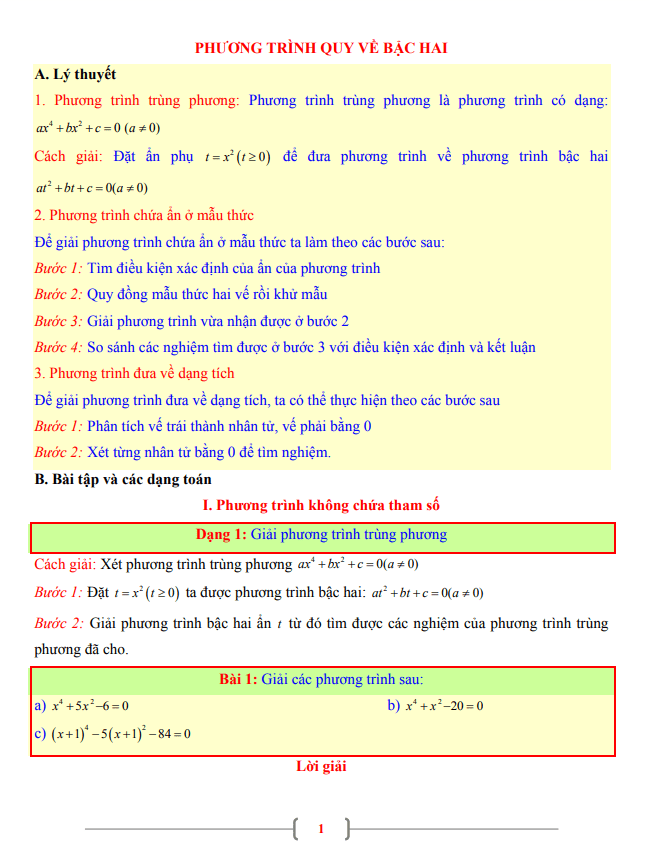 tài liệu toán 9 chủ đề phương trình quy về phương trình bậc hai