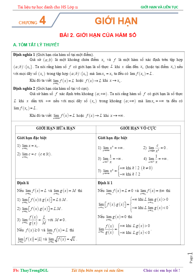 tài liệu tự học giới hạn của hàm số – nguyễn trọng