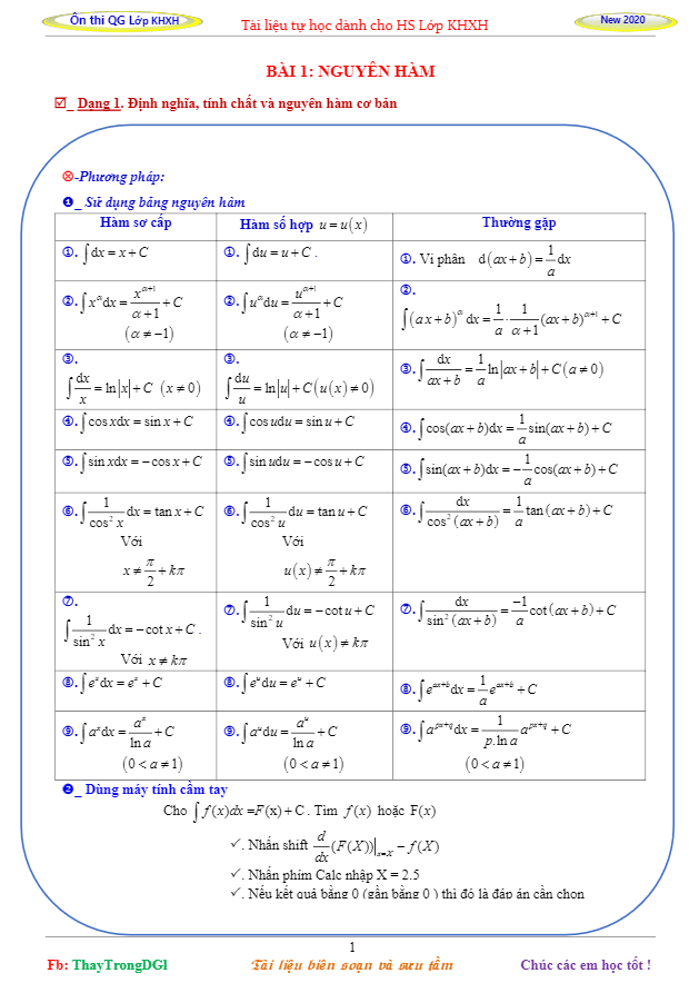 tài liệu tự học nguyên hàm, tích phân và ứng dụng – nguyễn trọng