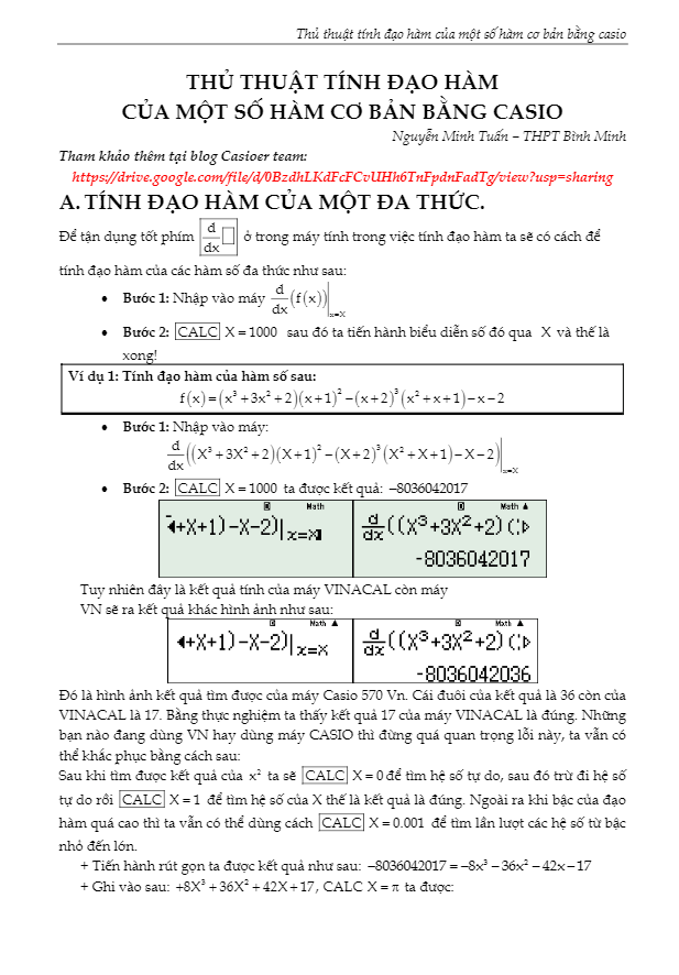 thủ thuật tính đạo hàm của một số hàm cơ bản bằng casio – nguyễn minh tuấn