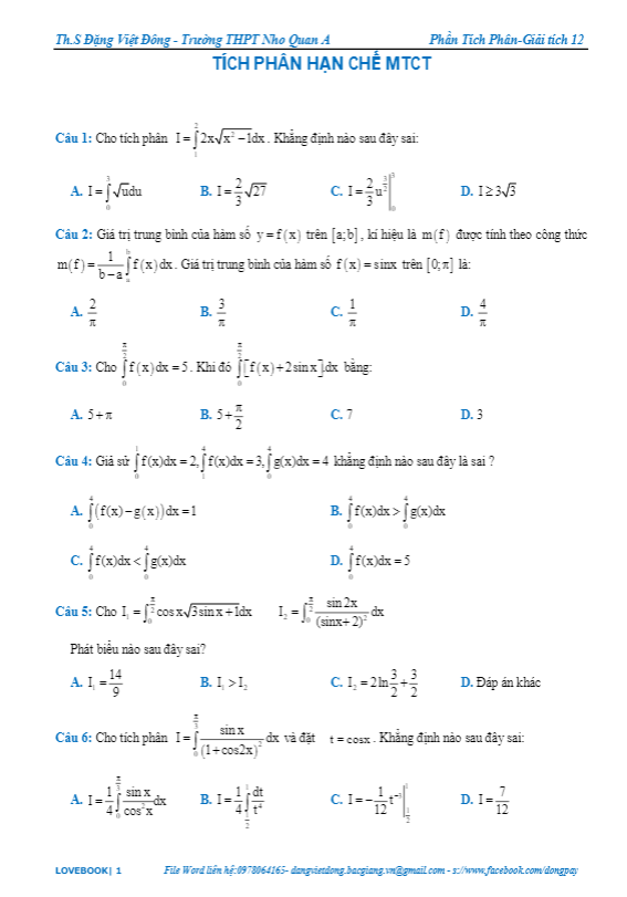 tích phân hạn chế máy tính cầm tay – đặng việt đông