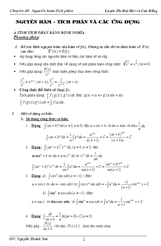 tóm tắt các dạng toán và bài tập nguyên hàm – tích phân – nguyễn thanh sơn