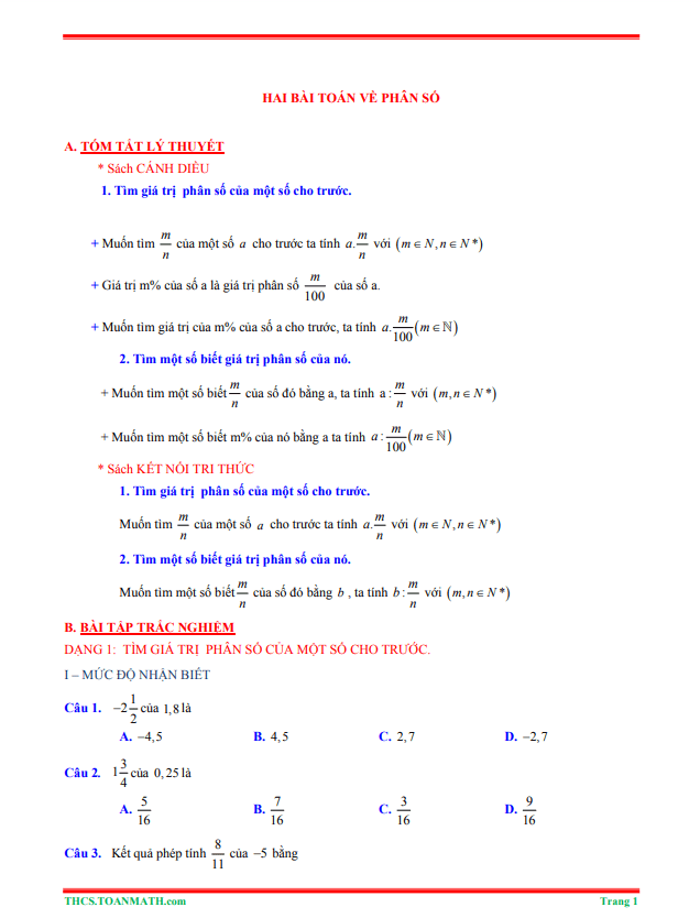 tóm tắt lý thuyết và bài tập trắc nghiệm hai bài toán về phân số
