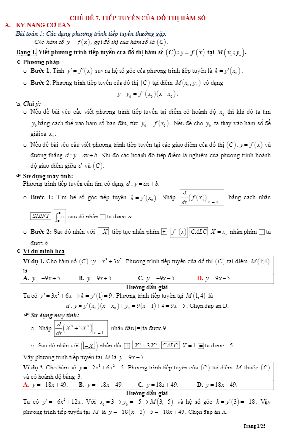 tóm tắt lý thuyết và bài tập trắc nghiệm tiếp tuyến của đồ thị hàm số