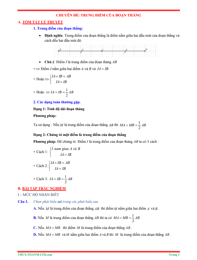 tóm tắt lý thuyết và bài tập trắc nghiệm trung điểm của đoạn thẳng
