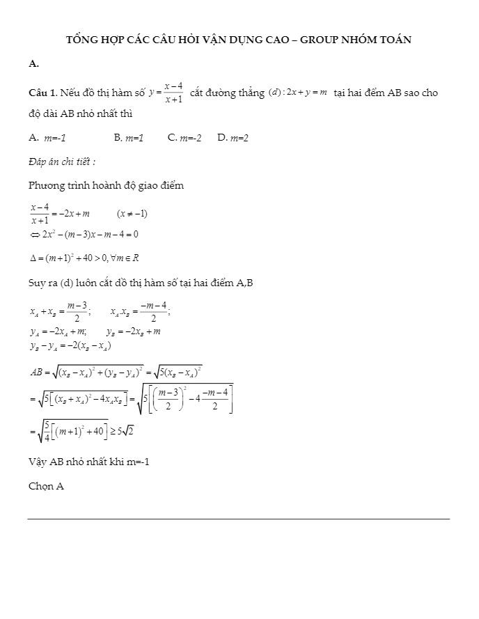 tổng hợp các bài toán mức độ vận dụng cao ôn thi thpt quốc gia – nhóm toán