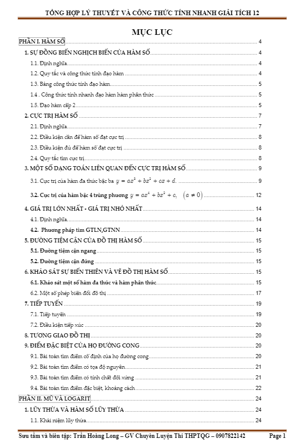 tổng hợp lý thuyết và công thức tính nhanh giải tích 12 – trần hoàng long
