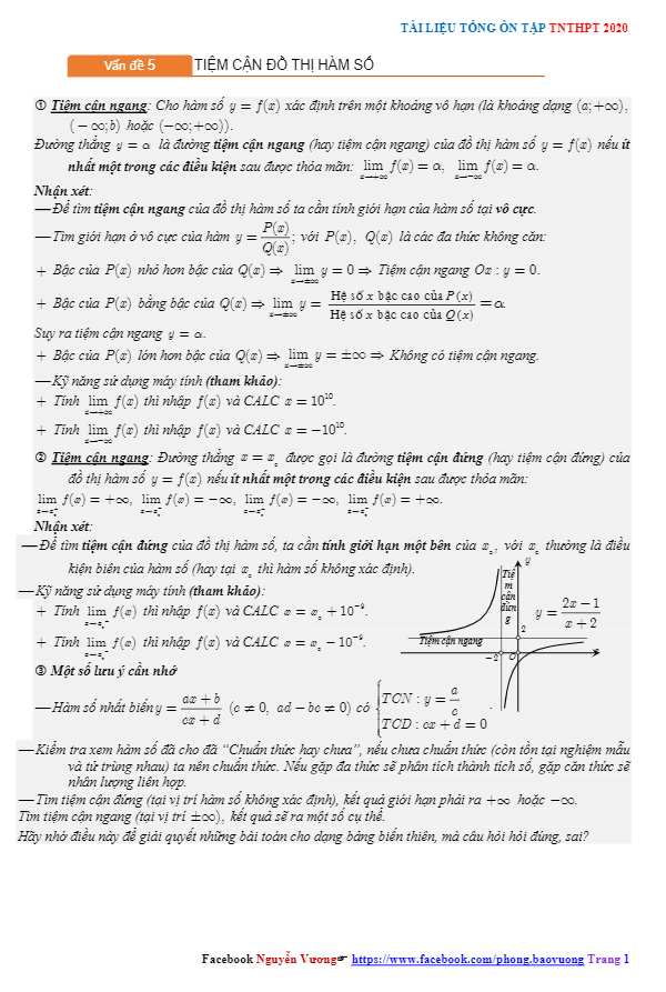 tổng ôn tập tn thpt 2020 môn toán: đường tiệm cận của đồ thị hàm số