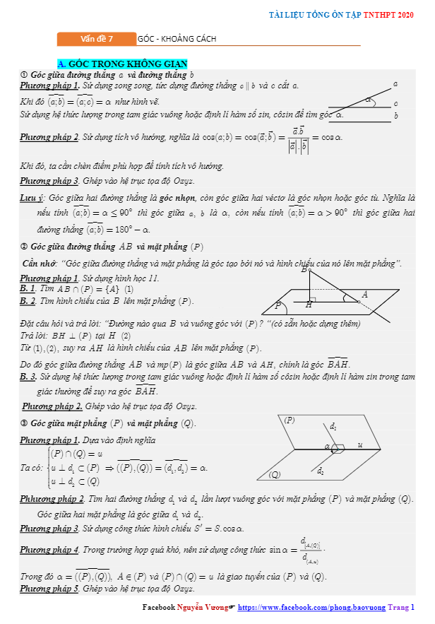 tổng ôn tập tn thpt 2020 môn toán: góc và khoảng cách trong không gian