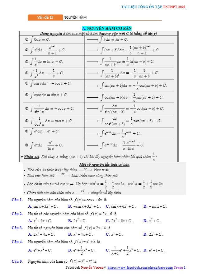 tổng ôn tập tn thpt 2020 môn toán: nguyên hàm