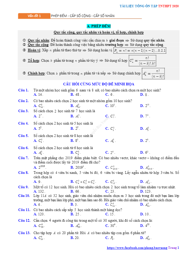 tổng ôn tập tn thpt 2020 môn toán: phép đếm – cấp số cộng – cấp số nhân